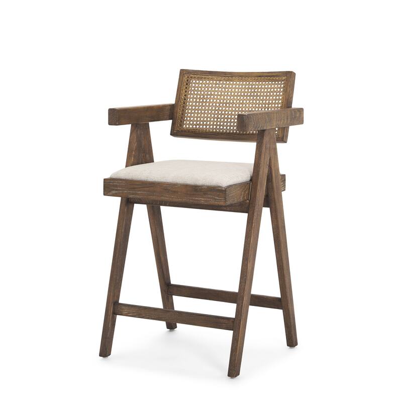 HomeRoots 24" Off White and Brown Fabric and Solid Wood Low Back Counter Height Bar Chair