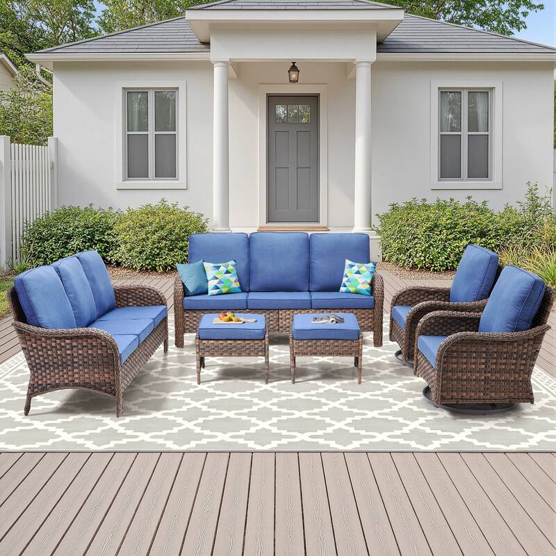 Pocassy Outdoor Patio Furniture Set PE Wicker Sofa Set - Blue Cushion - Brown Wicker - 6 Piece Sofa Ottoman with Swivel Chair s