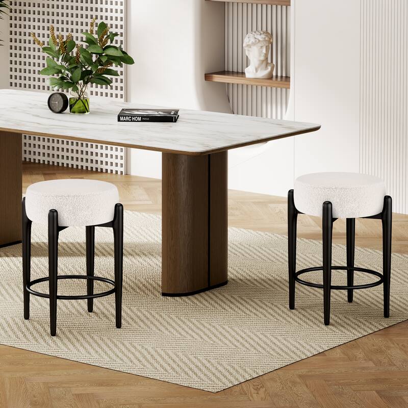 Mid-Century Modern Chair Set of 2 - 23.6" Backless Kitchen Stools with Boucle Upholstery & Sturdy Metal Base