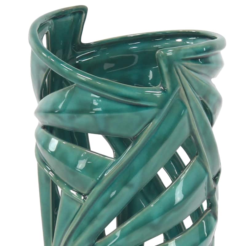 Ceramic Leaf Vase with Cut Out Deigns - Green - CosmoLiving by Cosmopolitan - 8"W x 7"L x 16"H