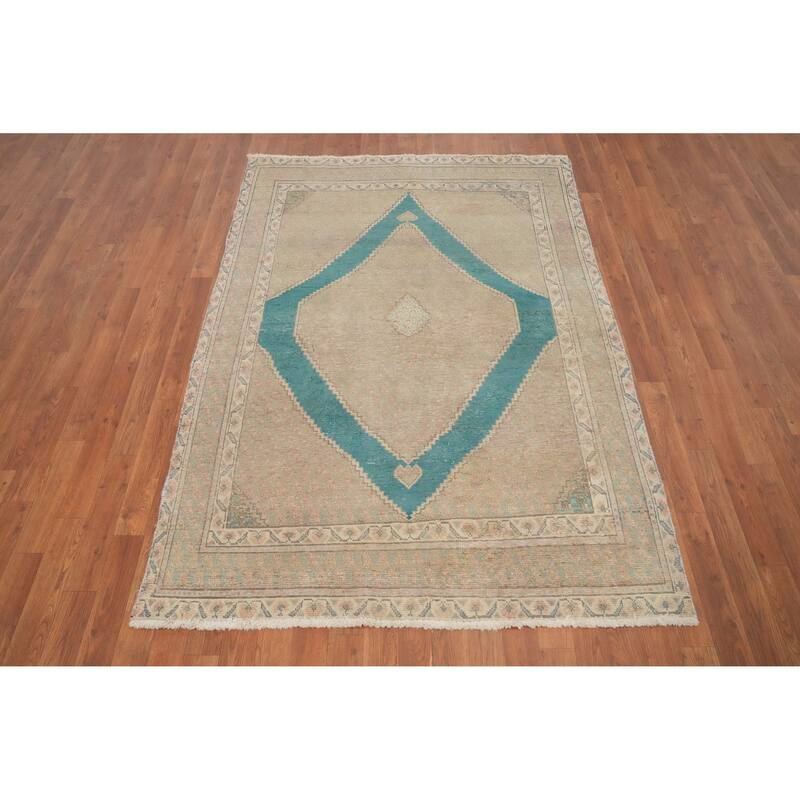Hand Knotted Oriental 100% Wool Carpet Traditional Medallion Beige & Ivories Tabriz Area Rug - 6' 7'' X 4' 7''