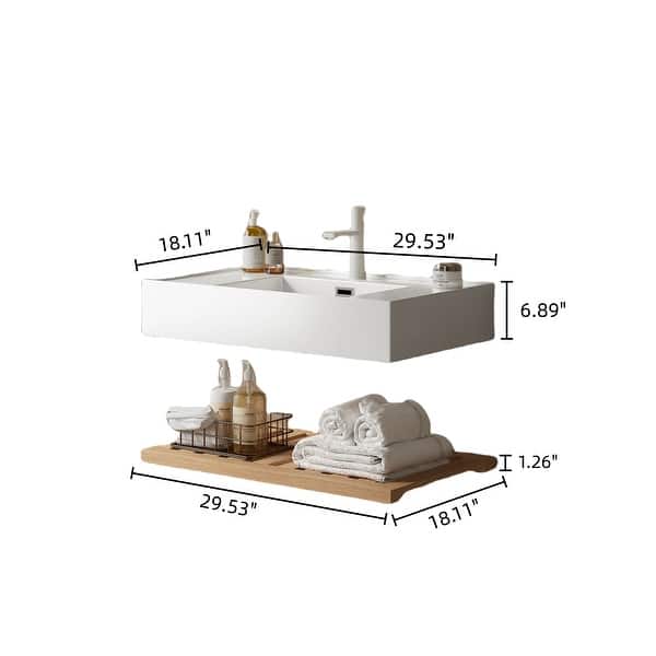 dimension image slide 1 of 8, GDFStudio - Lede 30" Bathroom Vanity with Acrylic Integrated Basin, Striped Shelves Layer & Woodgrain Finish, WITHOUT Faucet