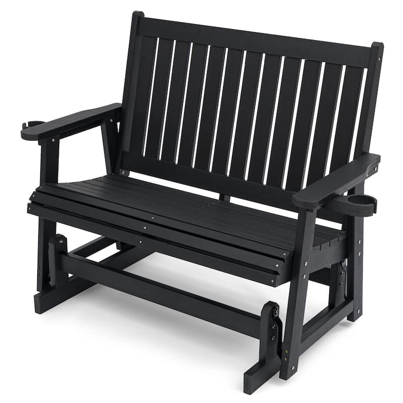 HIPS Patio Glider 2-Seat with Cup Holders, Heavy Duty 900 LB, All-Weather Resistant - Black