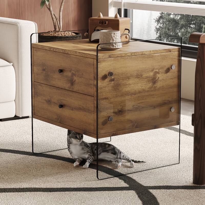 17.7" Modern Square Coffee Table with 2 Drawers and Tempered Glass Legs for Living Room