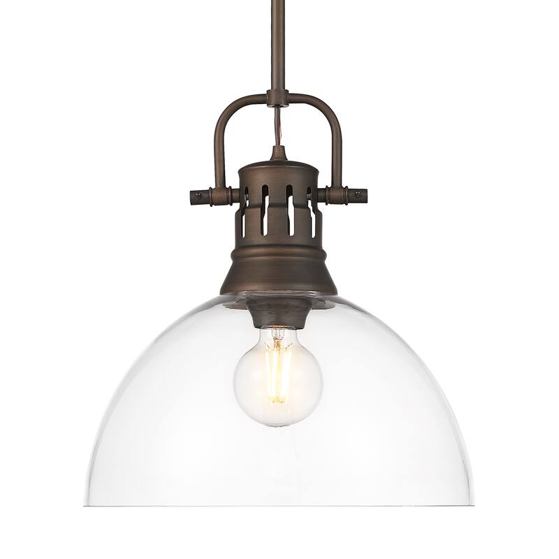 Yep by Golden Lighting Duncan 1-light 14in rod hung Pendant in Rubbed Bronze and Clear Glass