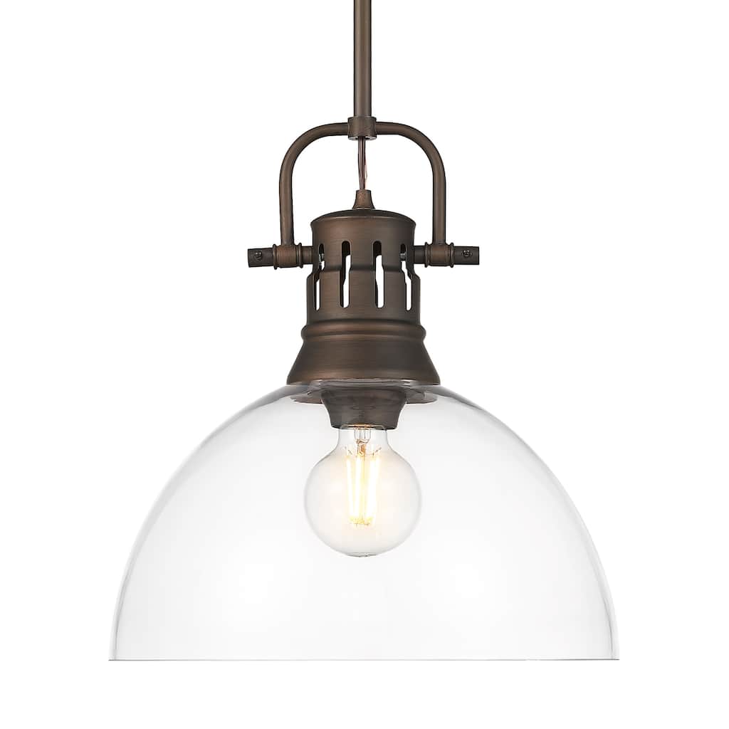 Yep by Golden Lighting Duncan 1-light 14in rod hung Pendant in Rubbed Bronze and Clear Glass