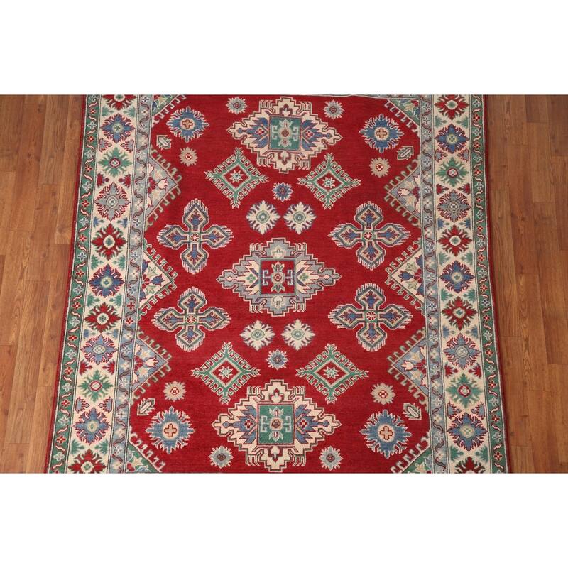 Geometric Red Kazak Area Rug Handmade Wool Carpet - 5'2" x 6'9"