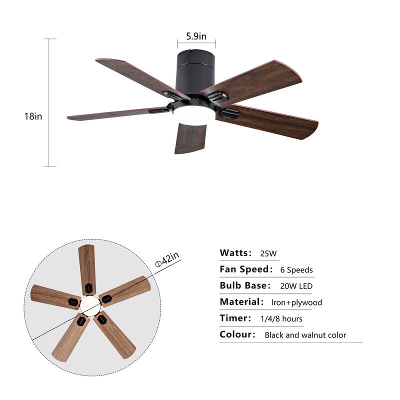 42" Low-Profile Ceiling Fans w/ Light and Remote, Dimmable LED, Quiet Reversible DC Motor