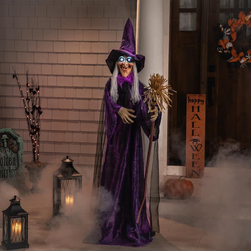 66" Animated Standing Witch and Broomstick Halloween Figure Decoration