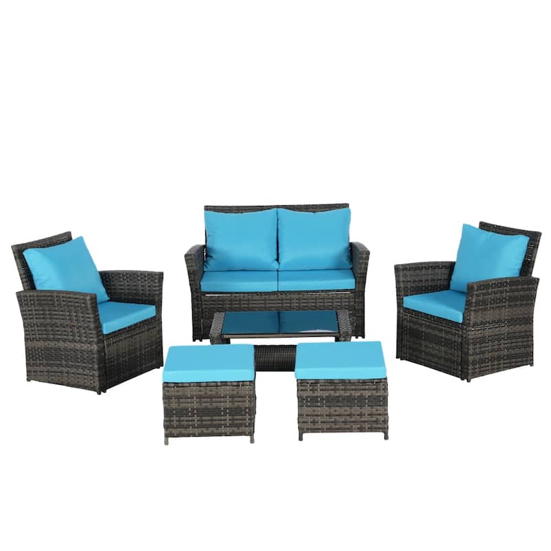 6 PCS Wicker Patio Furniture Sets with Ottoman & Tempered Glass Table - N/A