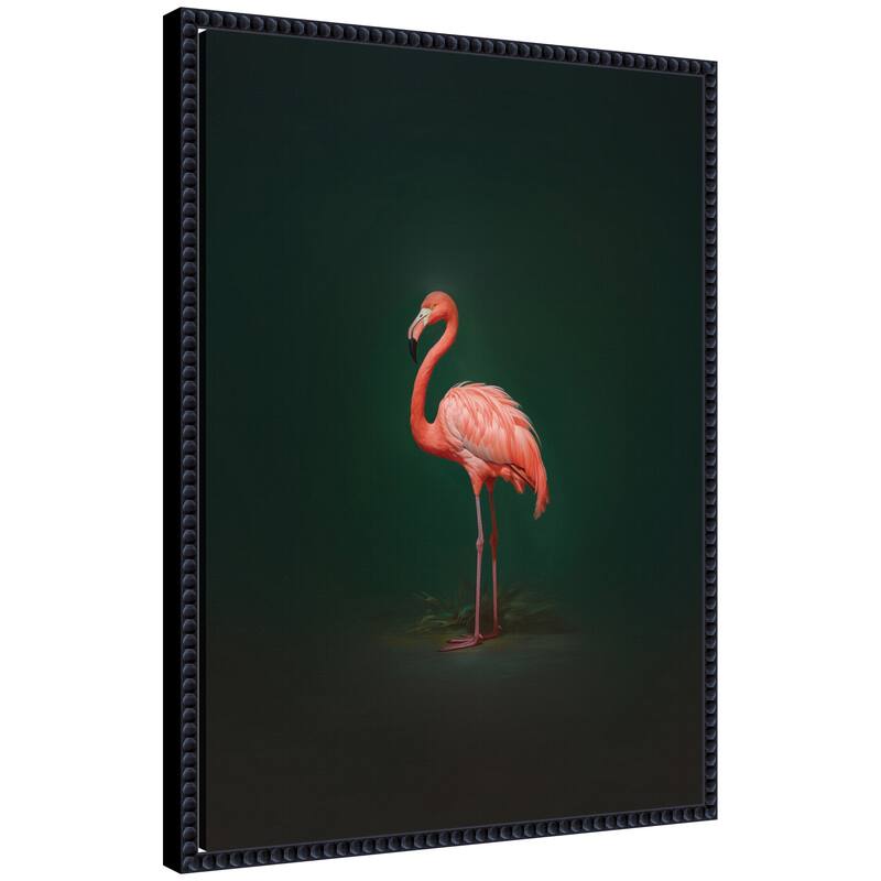Kate and Laurel Flamingo Side View Rich Green Backdrop by The Creative Bunch Studio Framed Canvas Wall Art Print - 18 x 24 - Black
