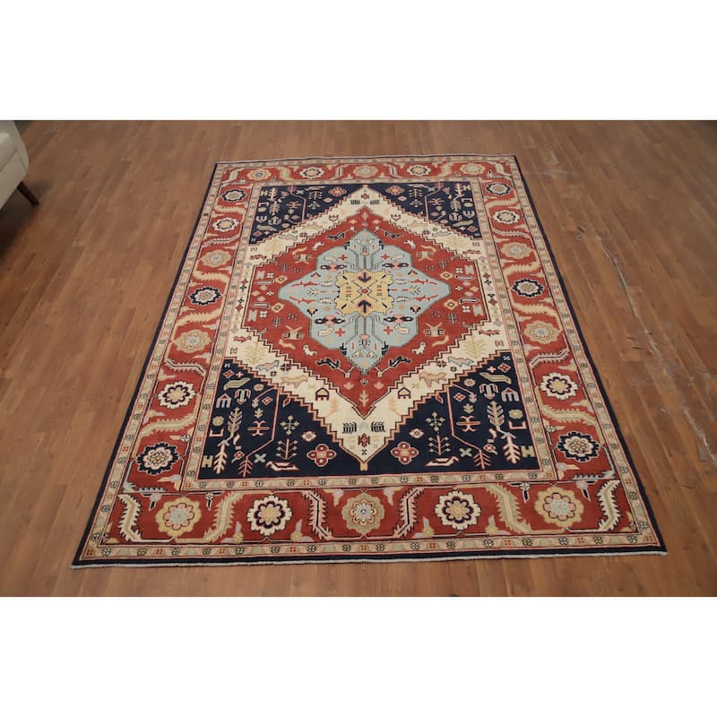 Hand Knotted Oriental 100% Wool Carpet Traditional Medallion Oranges & Rust Heriz (serapi) Area Rug - 9' 1'' X 6' 4''