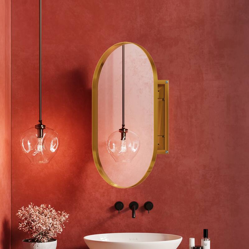 20" * 34" Oval Recessed Gold Metal Framed Medicine Cabinet with Mirror - 33.46 inches L x 20.47 inches W x 4.52 inches H