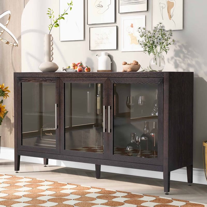 Wood Storage Cabinet with Three tempered glass doors and Adjustable Shelf