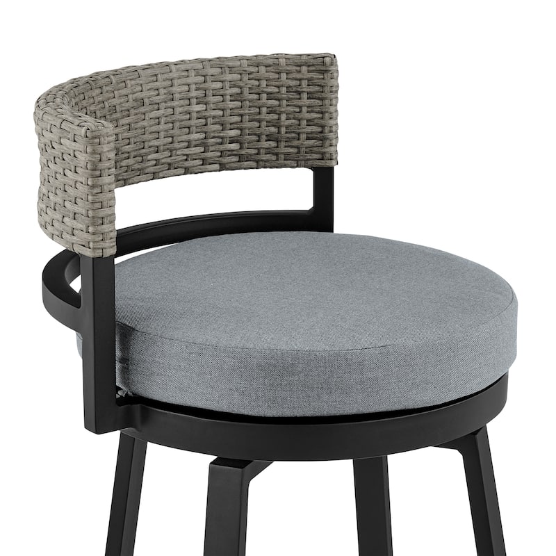Encinitas Black Aluminum and Gray Wicker Outdoor Patio Bar or Counter Height Swivel Stool