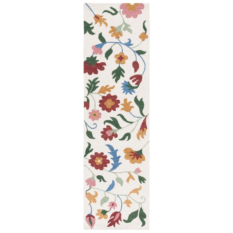 SAFAVIEH Handmade Blossom Jelte Floral Wool Rug - 2'6" x 8' Runner - Ivory/Red