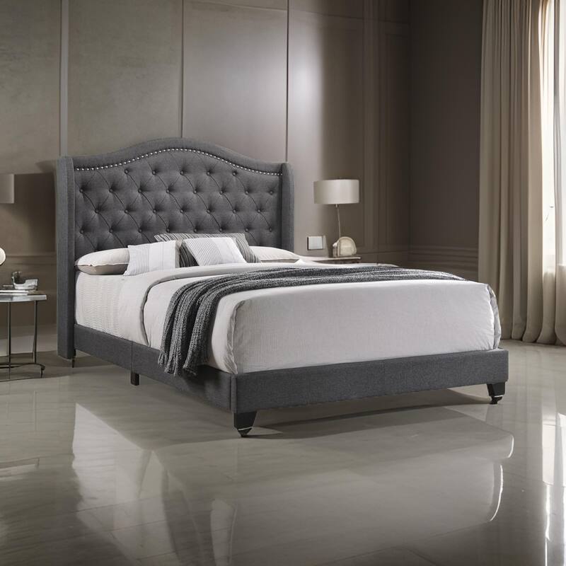 Fabric Upholstered Wooden Demi Wing Full Bed with Camelback Headboard, Gray