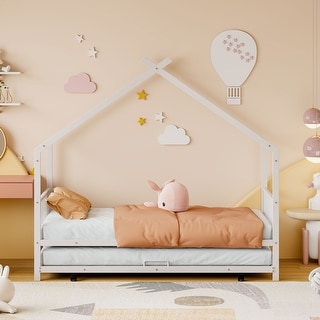 Twin Size Metal House Bed with Twin Size Trundle and Sturdy and Durable