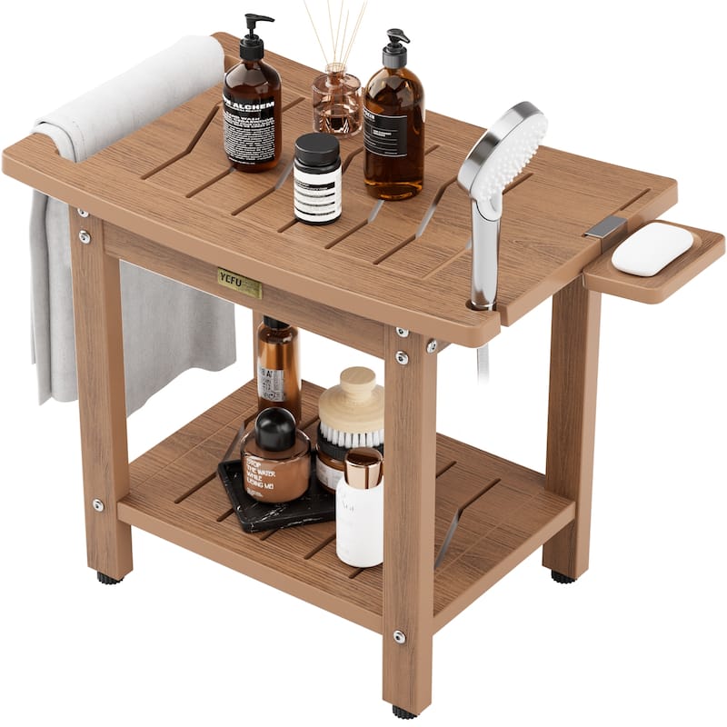 WINSOON 21 Inch Waterproof Shower Bench, 2-Tier Shower Chair Shower Stool with Non-Slip Feet and Handle - Teak
