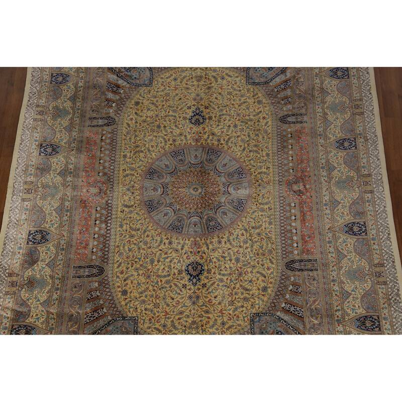 Hand Knotted Oriental 100% Silk Carpet Traditional Floral Yellow & Gold Qum Area Rug - 10' 2'' X 6' 5''
