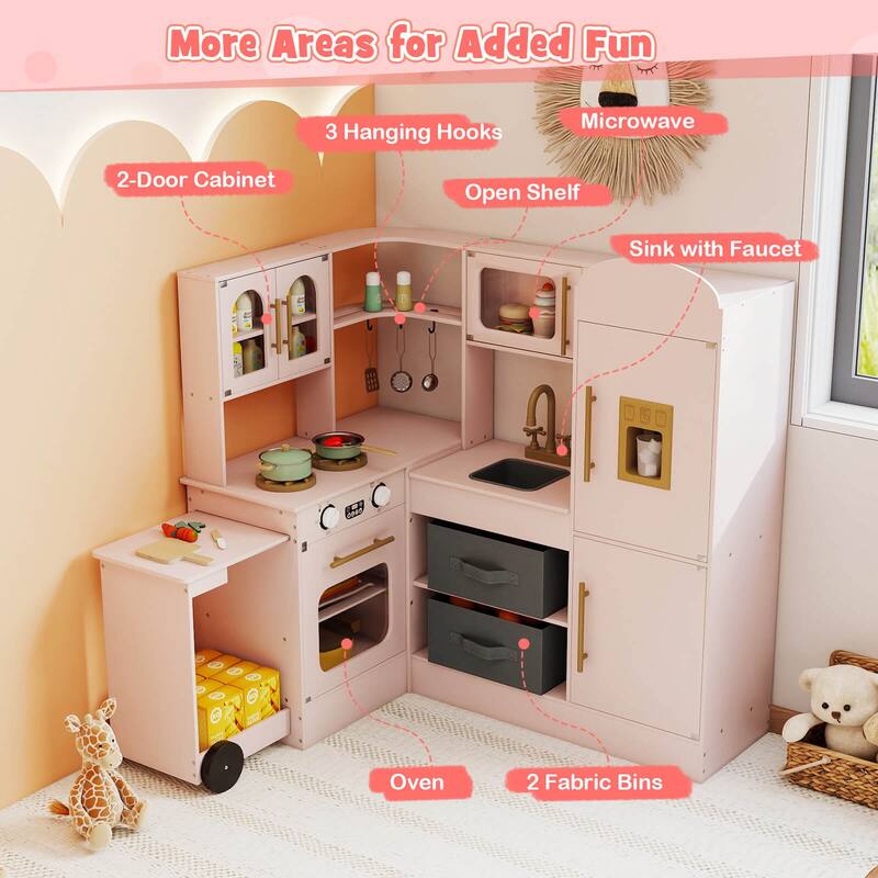 Costway Corner Kitchen with Lights and Sounds Interactive Wooden - See Details