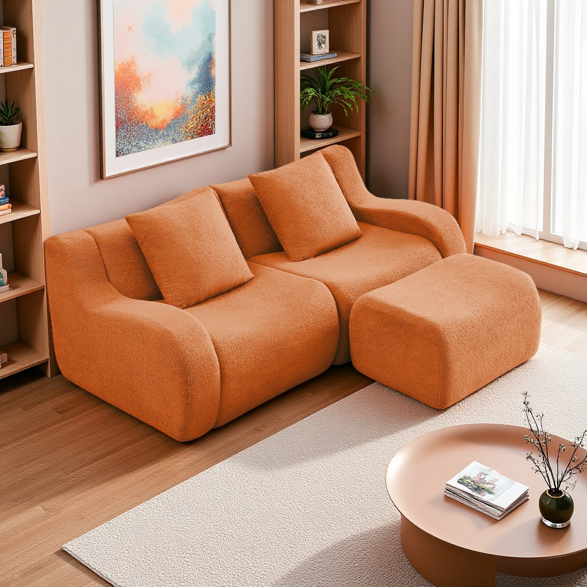 82.7" L-Shaped 2-Seat Teddy Fabric Modular Sofa with No Assembly Required, Curved Armrest and Ergonomic Design