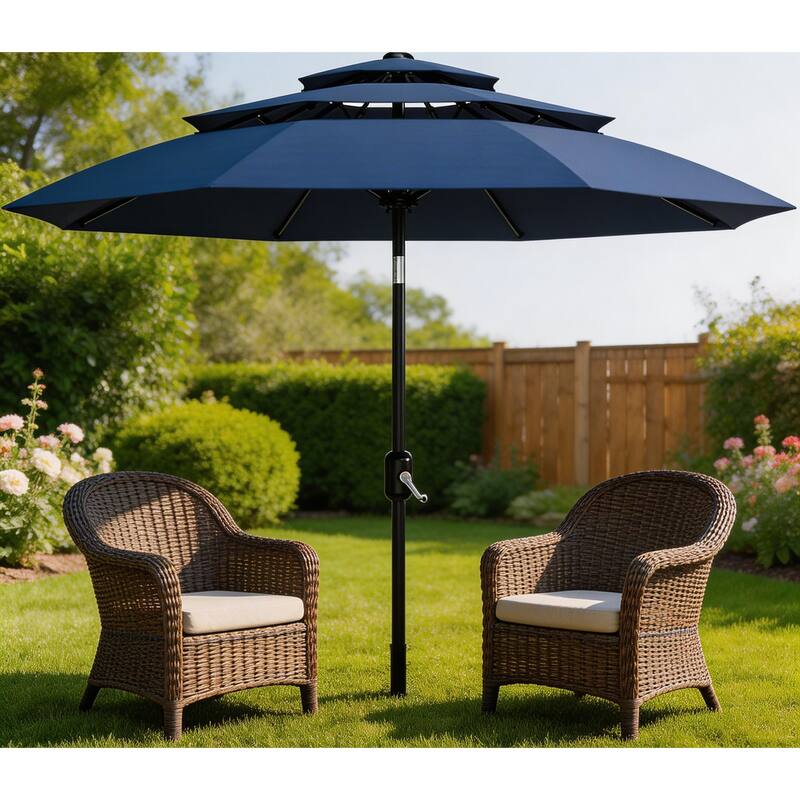 10Ft 3-Tier Patio Umbrella, with Vents, Easy Crank & Tilt - Navy Blue