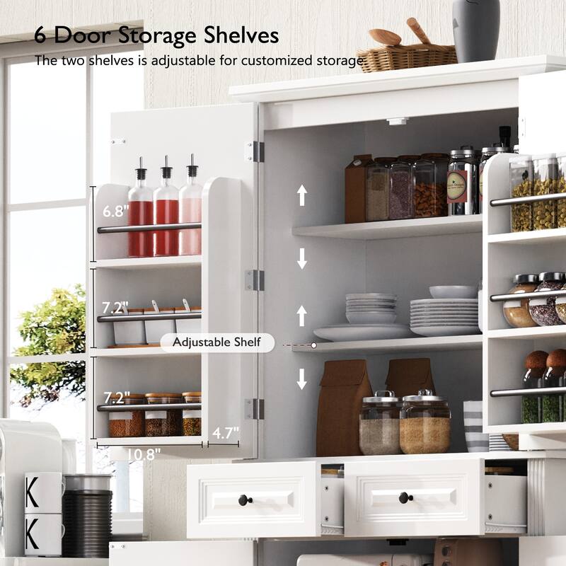 Roomfitters 71" Tall Kitchen Pantry Cabinet with 3 Pull-Out Organizers & 6 Door Shelves