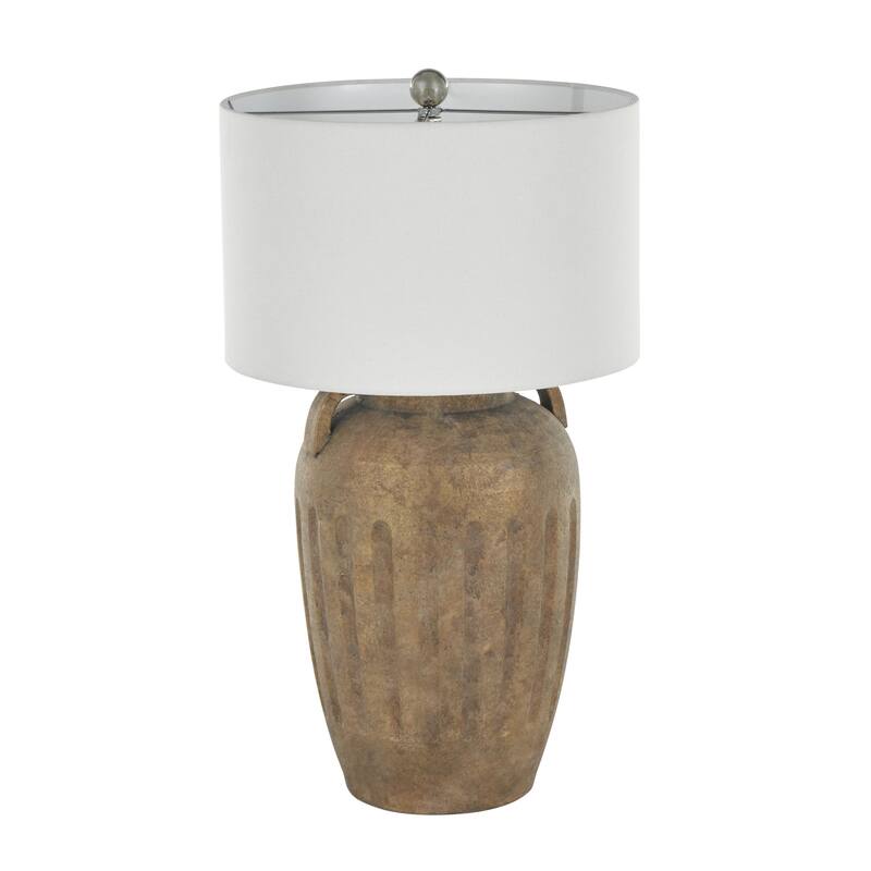 Ceramic Distressed Antique Style Pot Vase Room Table Lamp with Cream Linen Shade - Brown, Black, Cream - Roche River Decor