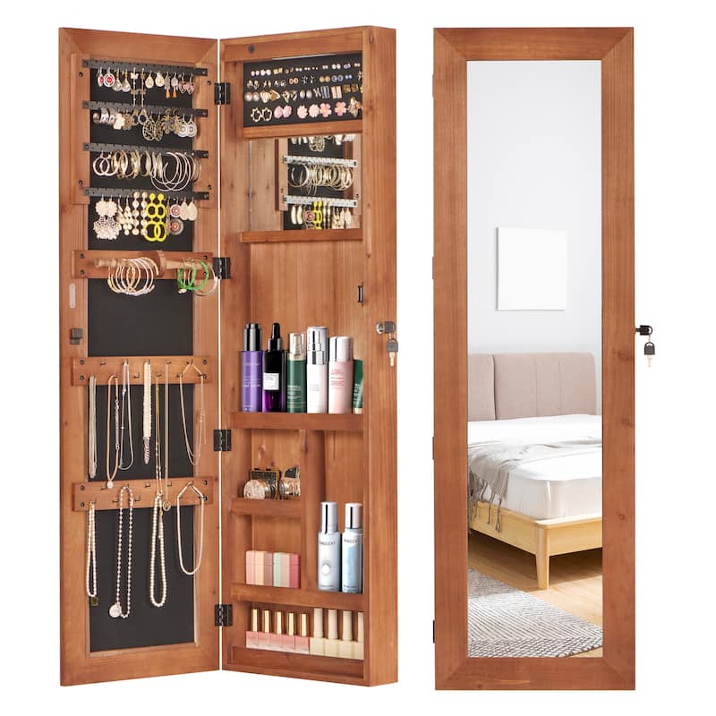 Wall-Mounted Solid Wood Jewelry Cabinet with Full-Length Mirror, 47.5x14.3 Inch, Lockable Organizer with LED Lighting‌.