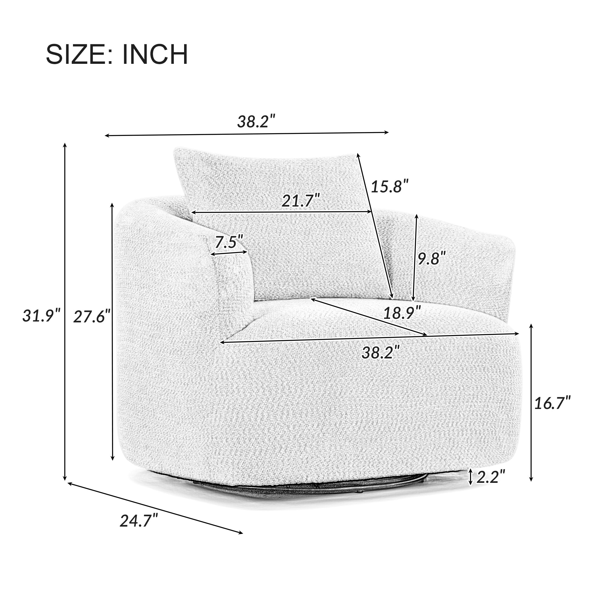 360° Swivel Chair, 38.2" Accent Chair Sofa, Upholstered Swivel Barrel Sofa Chair