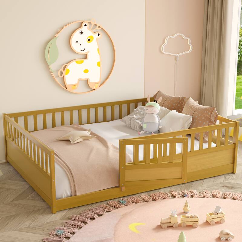 Wooden Full Floor Bed without Slat, Montessori Kids Floor Bed Frame with Super High Fence and Door, Solid Pine French Bed Frame