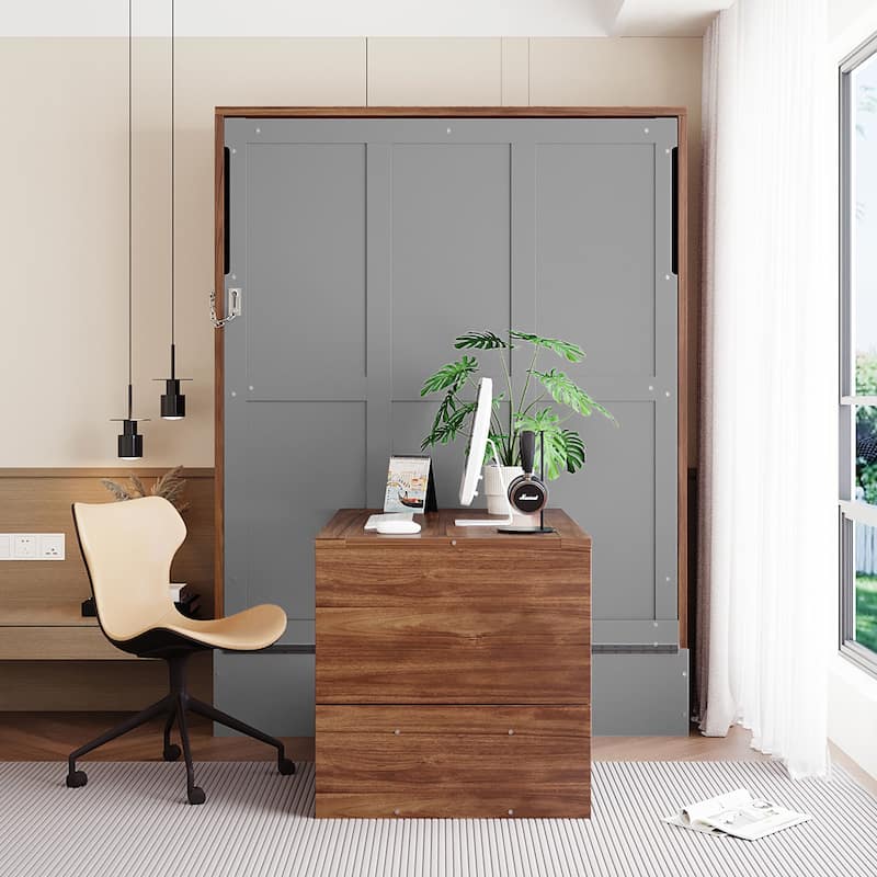 Space-Saving Full Size Murphy Bed with Foldable Desk in Walnut & Gray