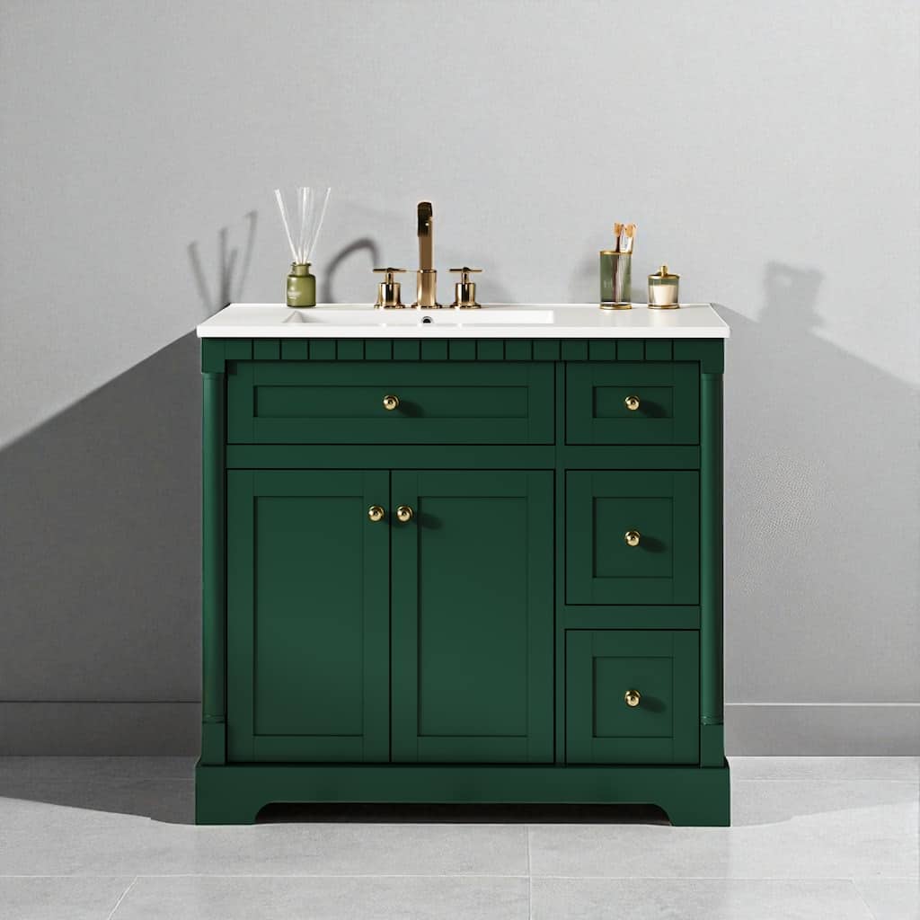36" Modern Bathroom Vanity with Vintage Green Finish, Ceramic Sink, Soft-Close Doors, and Ample Storage
