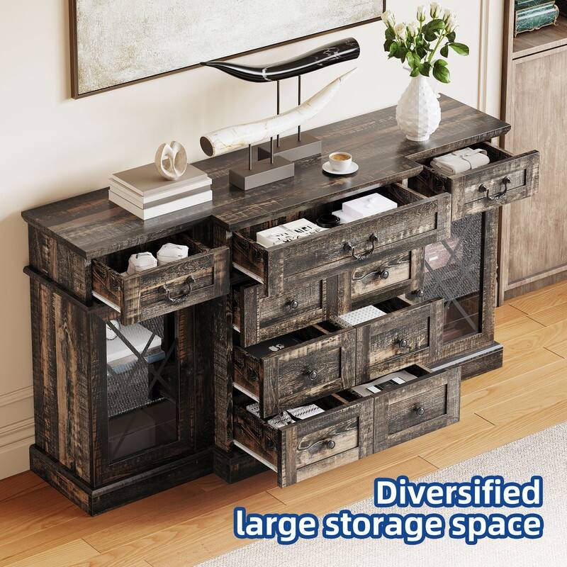 Moasis 59" Farmhouse Coffee Bar Cabinet Buffet Cabinet Sideboard Cabinet With 9 Drawers & Adjustable Shelving