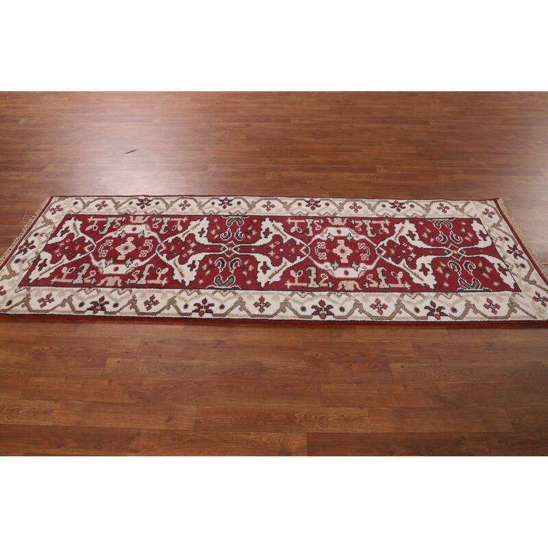 Red & Ivory Oushak Indian Runner Rug Hand-Knotted Wool Carpet - 2'9"x 7'10"