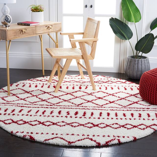 SAFAVIEH Arizona Shag Lotta Moroccan 1.2-inch Thick Rug - 6'7" x 6'7" Round - Ivory/Red
