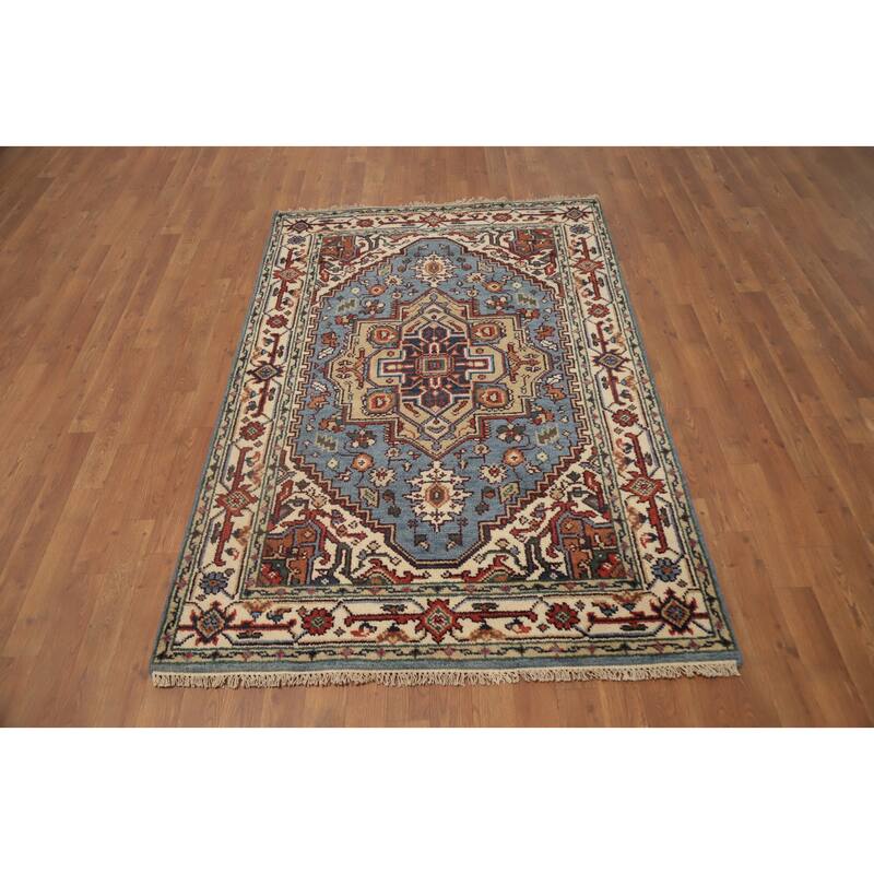 Hand Knotted Oriental 100% Wool Carpet Traditional Medallion Navy Blue & Blues Heriz (serapi) Area Rug - 5' 10'' X 4' 0''