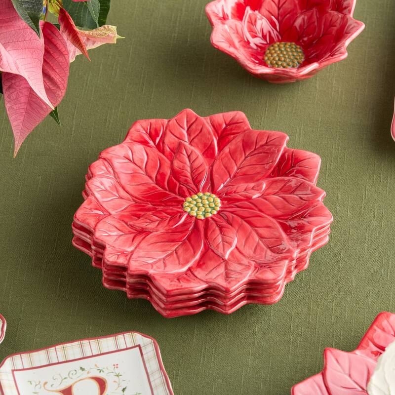 Certifed International Winter Blooms Set of 4 3-D Poinsettia Dessert/Salad Plates - 9 L x 9 W x 0.875 H