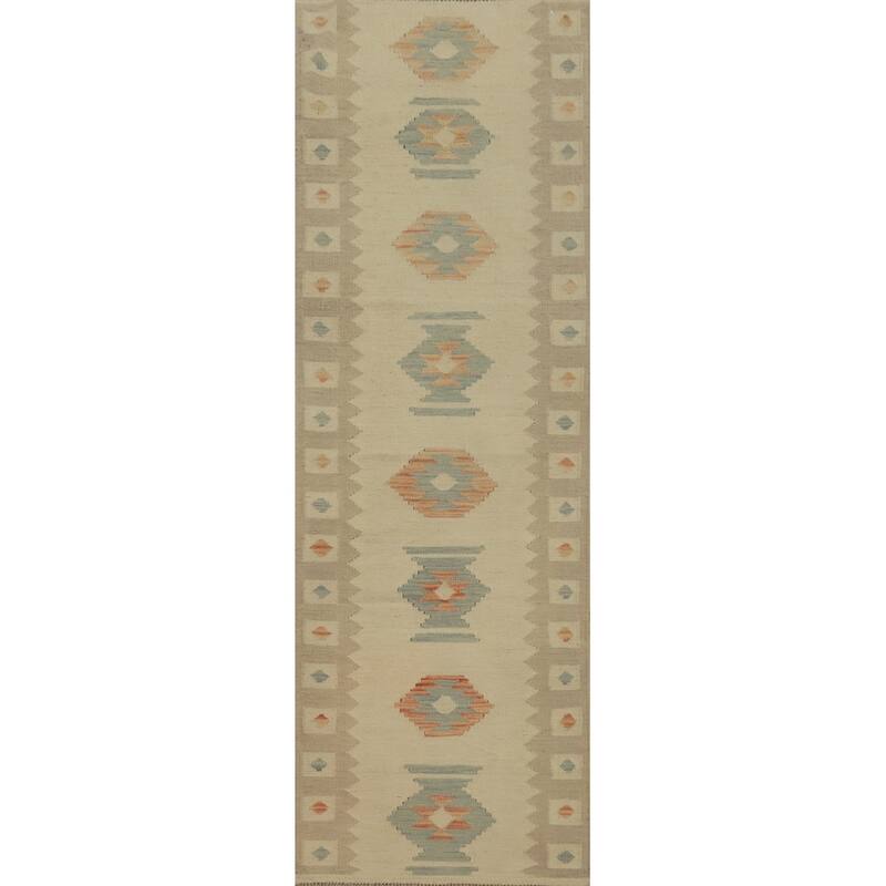 Hand Woven Oriental 100% Wool Carpet Southwestern Tribal Beige & Ivories Kilim Runner Rug - 8' 0'' X 2' 0''