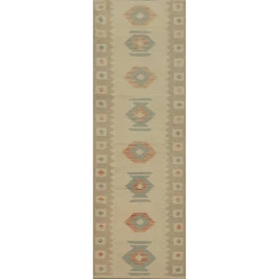 Hand Woven Oriental 100% Wool Carpet Southwestern Tribal Beige & Ivories Kilim Runner Rug - 8' 0'' X 2' 0''