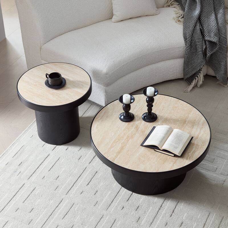 Set of 2 Coffee Table,MDF Round Coffee Table Sintered Stone Tabletop for Living Room