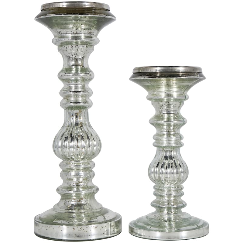 Metal Handmade Turned Style Pillar Candle Holder - Set of 2 Silver - Roche River Decor - 4"W x 4"L x 9"H