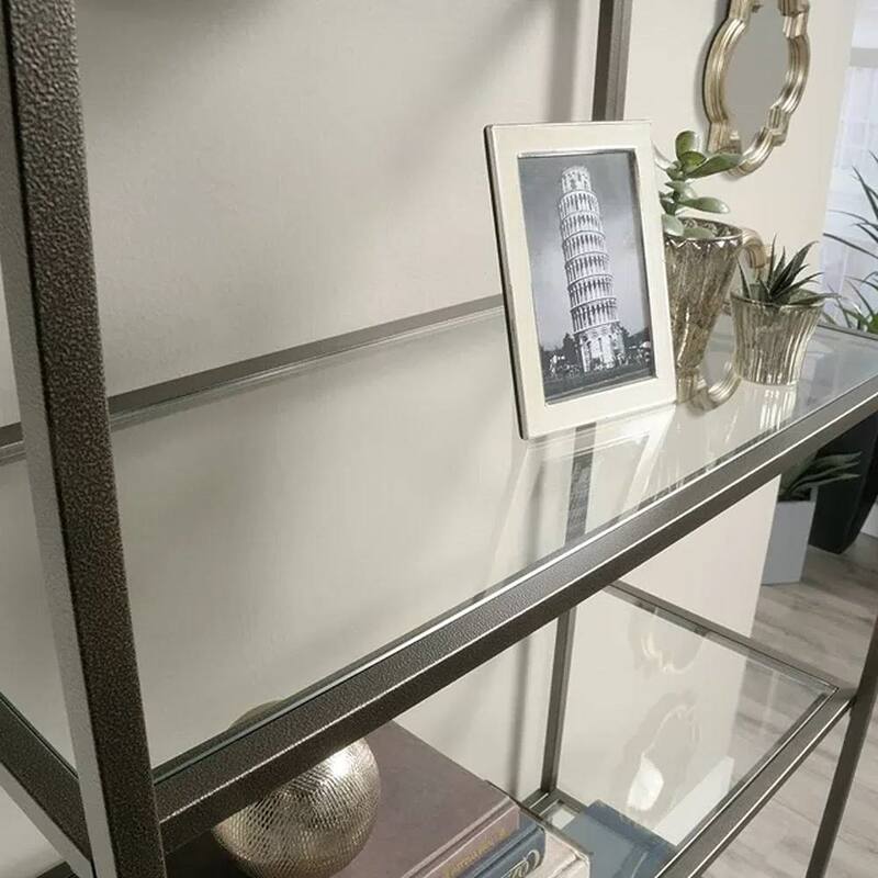 Metal Etagere Bookcase with 5 Safety Tempered Glass Shelves Freestanding Display Rack for Living Room Bedroom Office