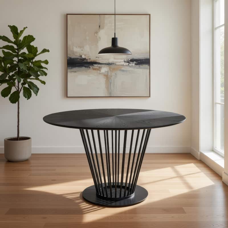 47 Inch Dining Table, Round Top, Modern Black Iron Metal Pedestal Base