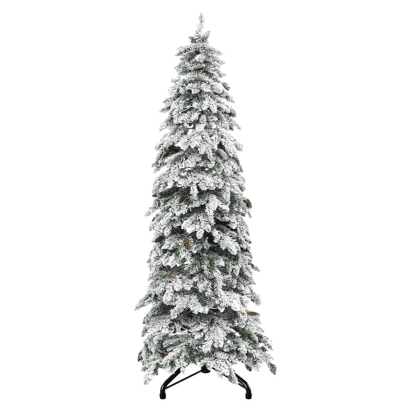 Elegant Pre-Lit Artificial Christmas Tree Collection , Multiple Styles with Remote Control & Snow Flocking - White-Slim - 9 Foot