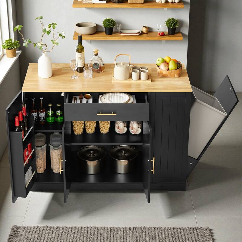 53" Modern Farmhouse Kitchen Island with Drawer, Tilt-Out Trash Can Storage, Adjustable Shelves & Spice Rack for Kitchen