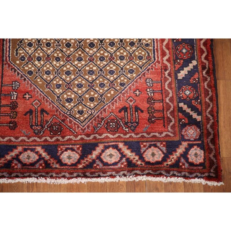 Hand Knotted Oriental 100% Wool Carpet Traditional Geometric Brown Koliaei Runner Rug - 9' 4'' X 3' 9''