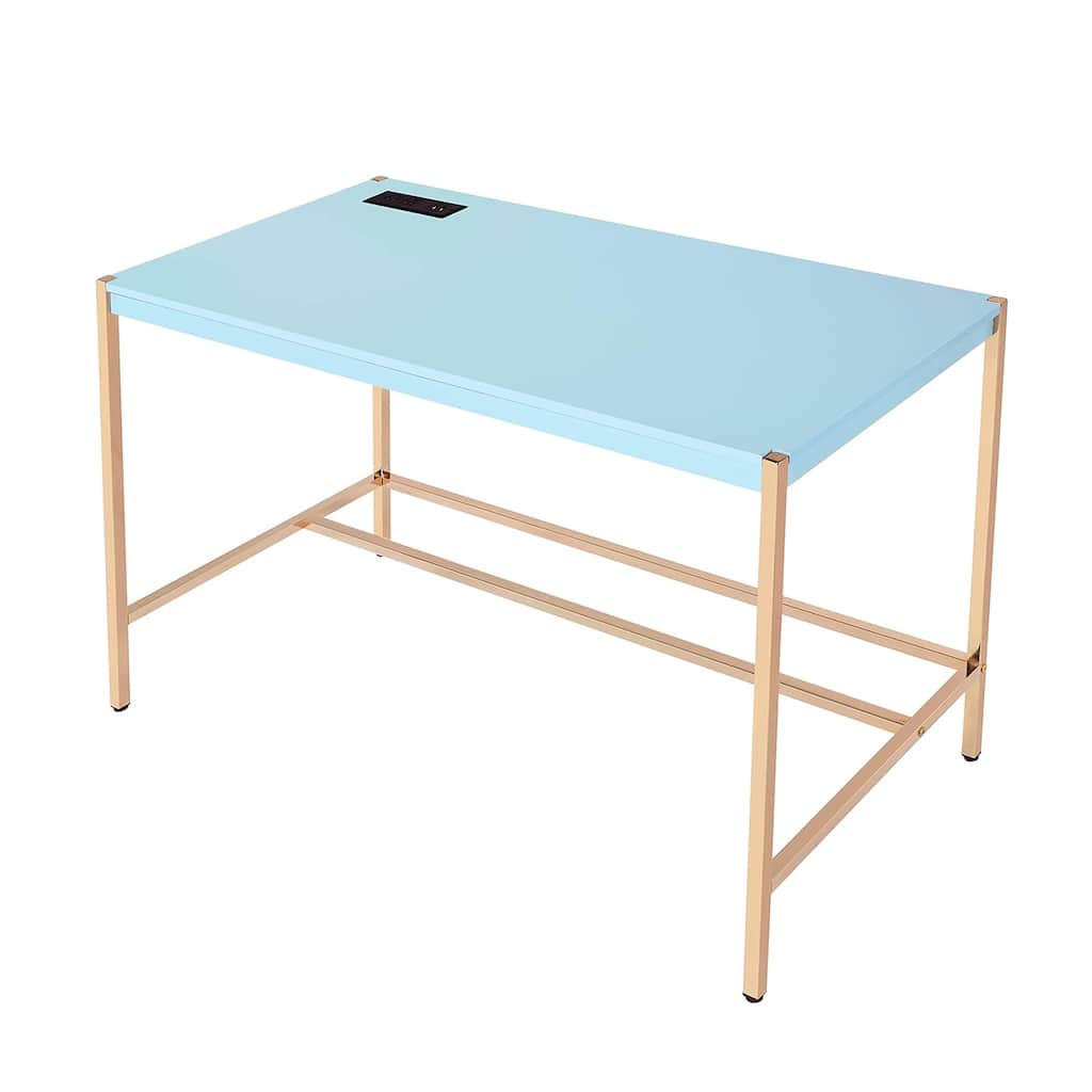 Rectangular Writing Desk with USB Port, Baby Blue and Gold