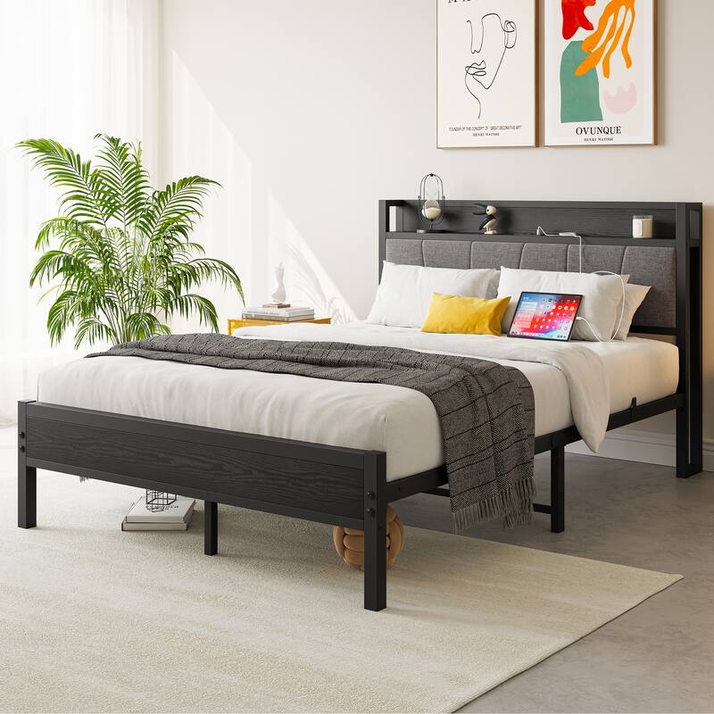 Grey Full Metal & Wood Platform Bed Frame with Storage Headboard and Charging Station - Full